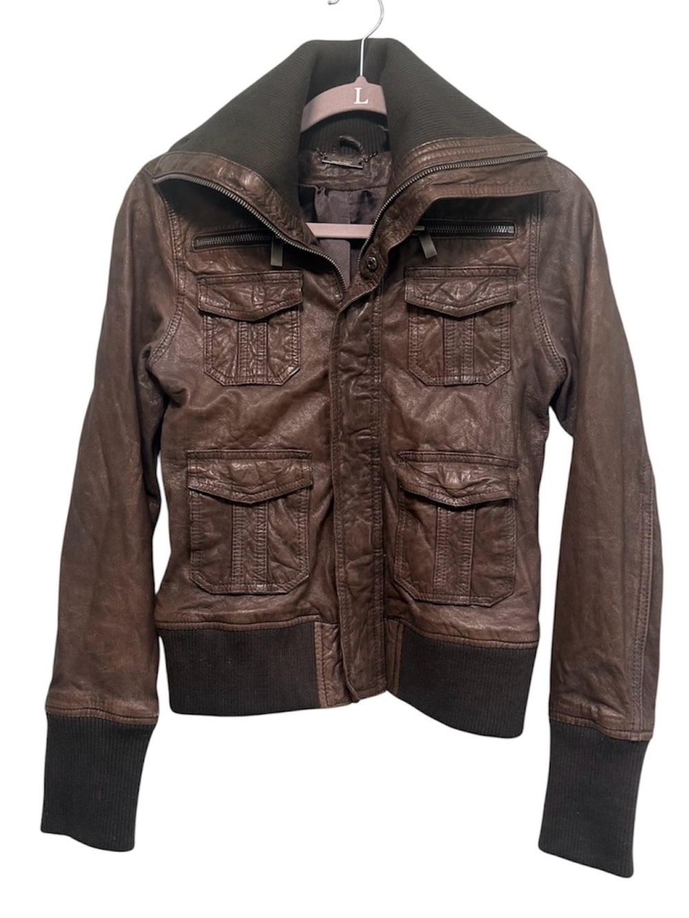 Line lambskin leather and knit brown funnel neck jacket, size small